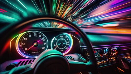 Fototapeta na wymiar dashboard car in long exposure dynamic speed colorfull light trails background. cyber punk, drift by ai generative