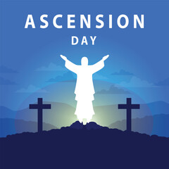 Fototapeta na wymiar ascension day with jesus statue illustration with white light and light blue background