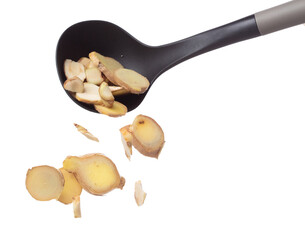 Galangal mix Ginger fall fly in turner, fresh vegetable spice ginger galangal falling. Organic fresh herbal ginger galangal root head cut chop slice. White background isolated freeze motion high speed