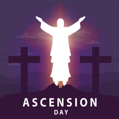 Fototapeta na wymiar ascension day with jesus statue illustration with white light and purple background