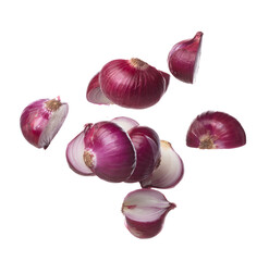 Shallots fall fly in mid air, red fresh vegetable spice shallots onion floating. Organic fresh herbal shallots root head cut chop slice. White background isolated freeze motion high speed shutter - obrazy, fototapety, plakaty