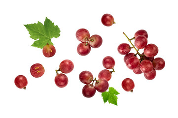 Red grape with green leaves isolated on white background.