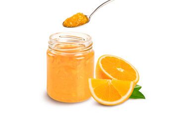 Jar of orange juice white sliced and leaves on white background.