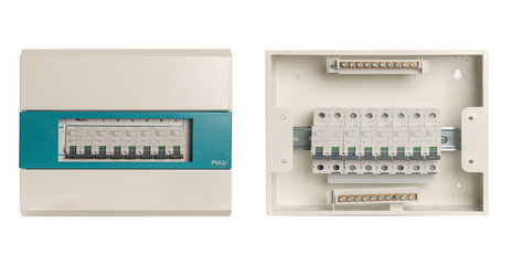 Consumer unit and circuit breaker on white background.
