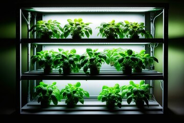 Indoor farm on multi-level racks with shelves and phyto light. AI generated, human enhanced