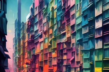 retro style city buildings in rainbow colours generative ai