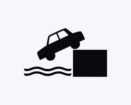 Car Drive Off Cliff Icon Vehicle Fall Falling Into Water Sea Vector Black White Silhouette Symbol Sign Graphic Clipart Artwork Illustration Pictogram