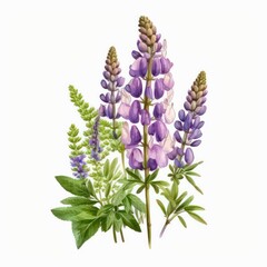 Obraz na płótnie Canvas Watercolor violet lupine flowers on white background. Generative AI art.