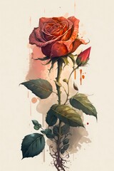 Watercolor illustration of a single beautiful red rose. Generative AI art.