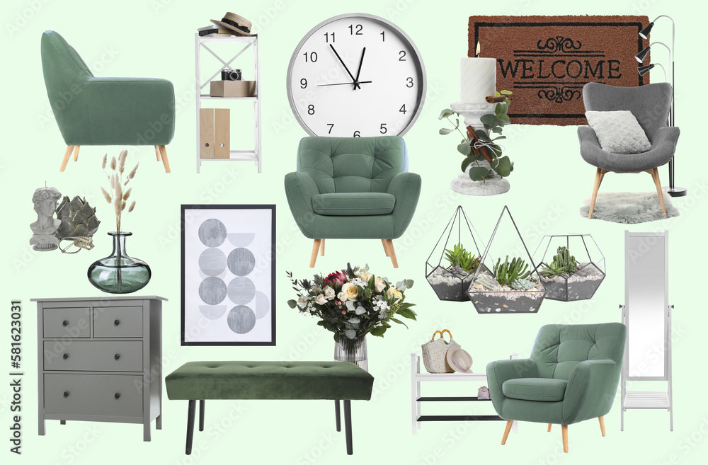 Sticker Interior design. Collage with different combinable furniture and decorative elements on pale light green background