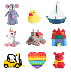 Collage with many different toys on white background