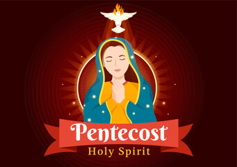 Pentecost Sunday Illustration with Flame and Holy Spirit Dove in Catholics or Christians Religious Culture Holiday Flat Cartoon Hand Drawn Templates