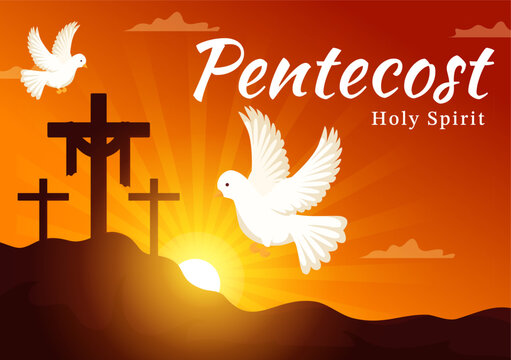 Pentecost Sunday Illustration with Flame and Holy Spirit Dove in Catholics or Christians Religious Culture Holiday Flat Cartoon Hand Drawn Templates
