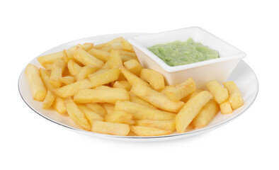 Plate with delicious french fries and avocado dip isolated on white