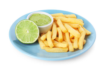 Plate with delicious french fries, avocado dip and lime isolated on white