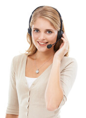 Keeping our customers happy. Studio portrait of an attractive young woman talking on a headset isolated on white.