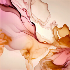 Gold Blush Liquid Ink Texture is an Abstract Background Featuring a Luxurious Mix of Gold and Pink Tones, Resembling a Marble Effect with Watercolor Splashes. Perfect for Designing Templates.