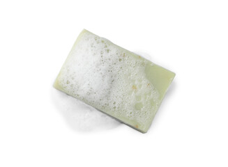 Soap with fluffy foam isolated on white