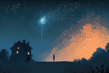 Naklejka premium a woman look at a starry sky with a shooting star. digital art illustration. generative AI.