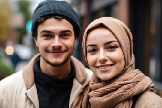 Smiling middle eastern students looking at the camera male and female. Generative AI