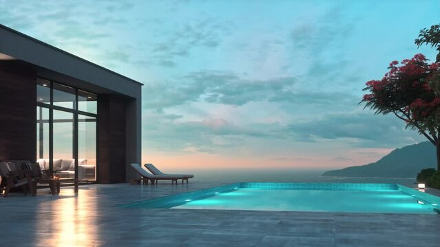 Luxury Minimalist Villa Exterior With Pool And Ocean View