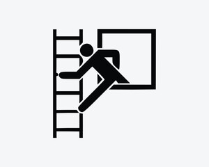 Emergency Window Escape Ladder Man Fire Evacuation Black White Silhouette Sign Symbol Icon Graphic Clipart Artwork Illustration Pictogram Vector 