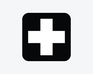 Obraz premium First Aid Cross Symbol Medical Emergency Humanitarian Care Black White Silhouette Sign Icon Vector Graphic Clipart Illustration Artwork Pictogram
