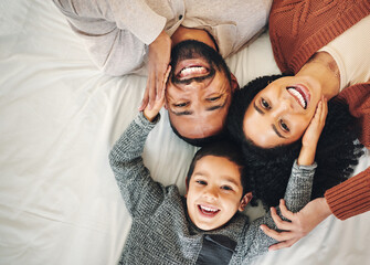 Top view, love and family in bedroom, smile and quality time for joy, bonding and happiness....