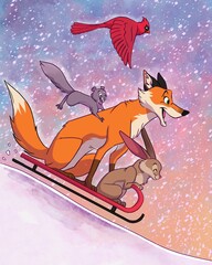 Woodland animals sled down a hill