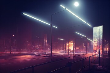 Plakat realistic ilustration, light advertising box mockup and city traffic at night, generative AI