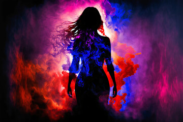 Obraz na płótnie Canvas A woman with long hair silhouetted against a dark background with pink and blue smoke. Generative AI illustration.