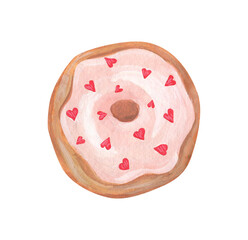 Isolated watercolor and gouache elements. A donut with icing. Bakery products. Valentine's day. Painting. Color illustration. The print is used for packaging design, fabric.