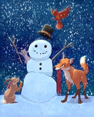 Illustration of a fox, rabbit, squirrel, and cardinal decorating a snowman on a wintery night