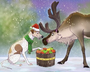 Illustration of a dog wearing a scarf feeding apples to a hungry reindeer