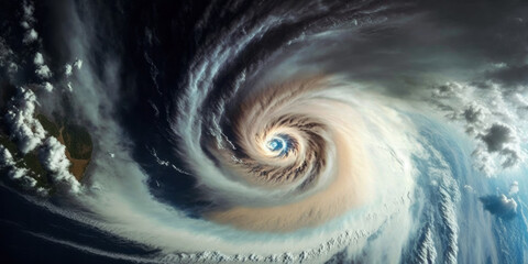 A tropical storm, tornado, hurricane, cyclone seen from a high aerial space satellite. Generative ai