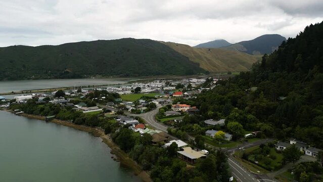 Aerial Shot Over Havelock Marina, Marlborough Area In A Cloudy Day | New Zealand