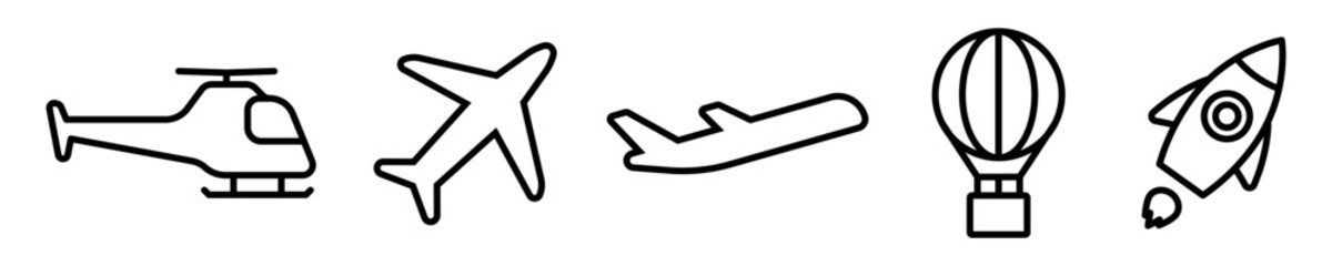 Conjunto de iconos de transporte aéreo. Helicóptero, avión, globo aerostático, cohete, nave espacial. Concepto de aeropuerto, despegue. Ilustración vectorial
