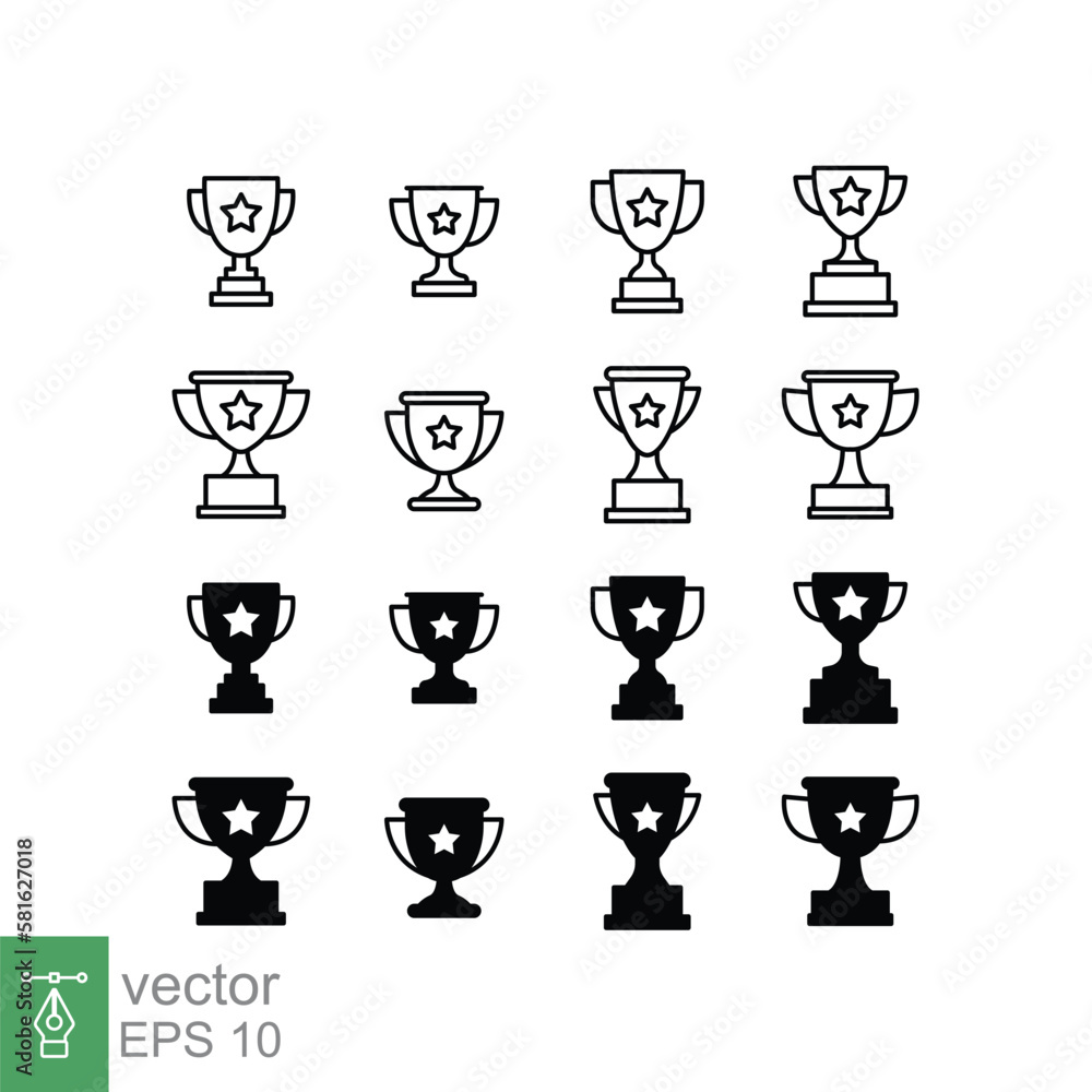 Aufkleber cup trophy icon set. simple outline and solid style for app and web design element. winner, award, c
