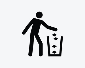 Throw Trash In Bin Place Rubbish Trash Can Trashcan Man Black White Silhouette Symbol Icon Sign Graphic Clipart Artwork Illustration Pictogram Vector