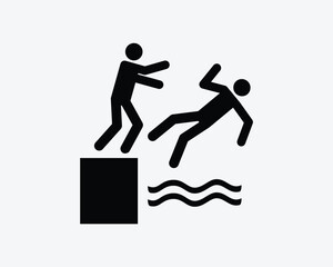 Pushing Man into Water Icon Pool Push Fall Over Rough Play Vector Black White Silhouette Symbol Sign Graphic Clipart Artwork Illustration Pictogram