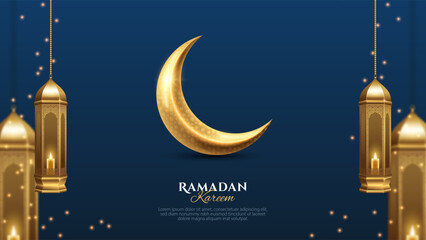 Ramadan Kareem background design with golden realistic crescent moon and hanging lantern. Islamic background for banner, poster, and greeting card design