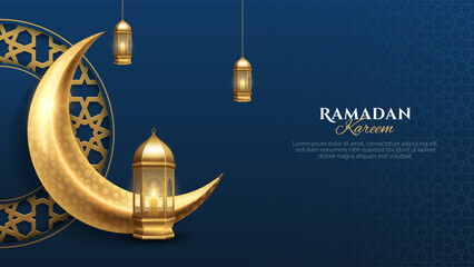 Ramadan Kareem islamic pattern background with golden realistic crescent moon and lantern. Islamic background for banner, poster, and greeting card design