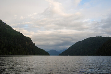 A calm day on Great Central Lake near Port Alberni, Vancouver Island, BC, Canada