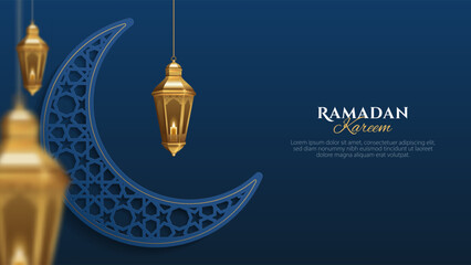 Ramadan Kareem islamic greeting card design with crescent moon geometric pattern and hanging lantern. Islamic background for banner, poster, and greeting card design