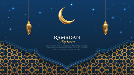 Ramadan Kareem islamic pattern background with realistic crescent moon, hanging lantern and mosque. Islamic background for banner, poster, and greeting card design