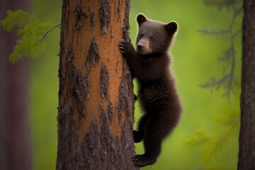 High in the branches: Bear cub enjoys bird's eye view after climbing tree - Generative AI