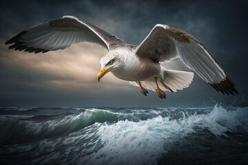 Capturing the Beauty of Nature: Stunning Image of Seagull Flying Over the Ocean - Generative AI