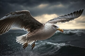 Bird's Eye View: Seagull Spotted Soaring Above the Ocean in Incredible Shot - Generative AI