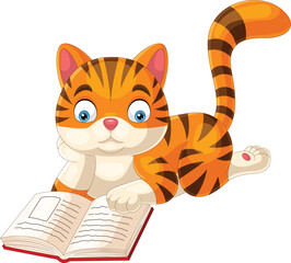 Cute cat cartoon reading a book