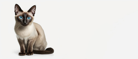 Elegant Siamese cat poses for a stunning photoshoot on a white background - Generative AI